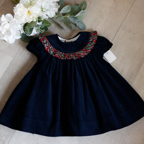 Navy 100% Cotton Corduroy Float Dress Wales Tartan Plaid Trim Bailey Boys NWT - Picture 1 of 6